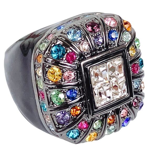 Y2K Princess Amanda Borghese Cocktail Ring Rainbow Rhinestones Gunmetal Size 7 - Picture 1 of 12